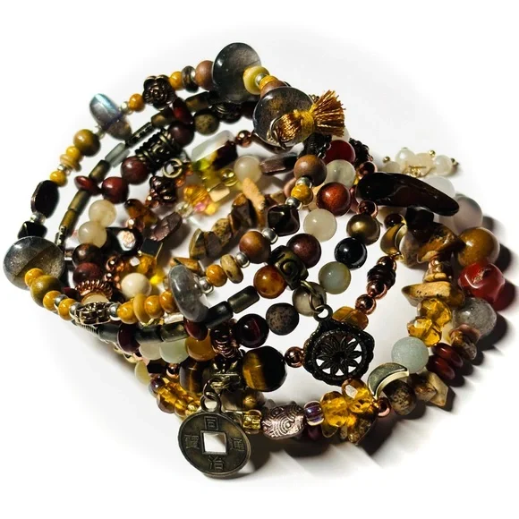 🆕 OOAK Bohemian Bead Mix Memory Wire Wrap Bracelet — Semi Precious Gemstone